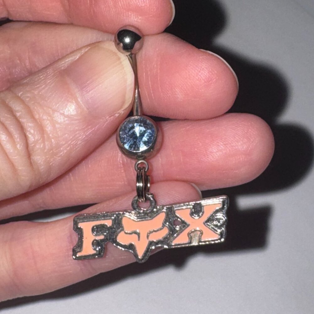 Pink Fox Dangle Belly Ring, Blue Gem